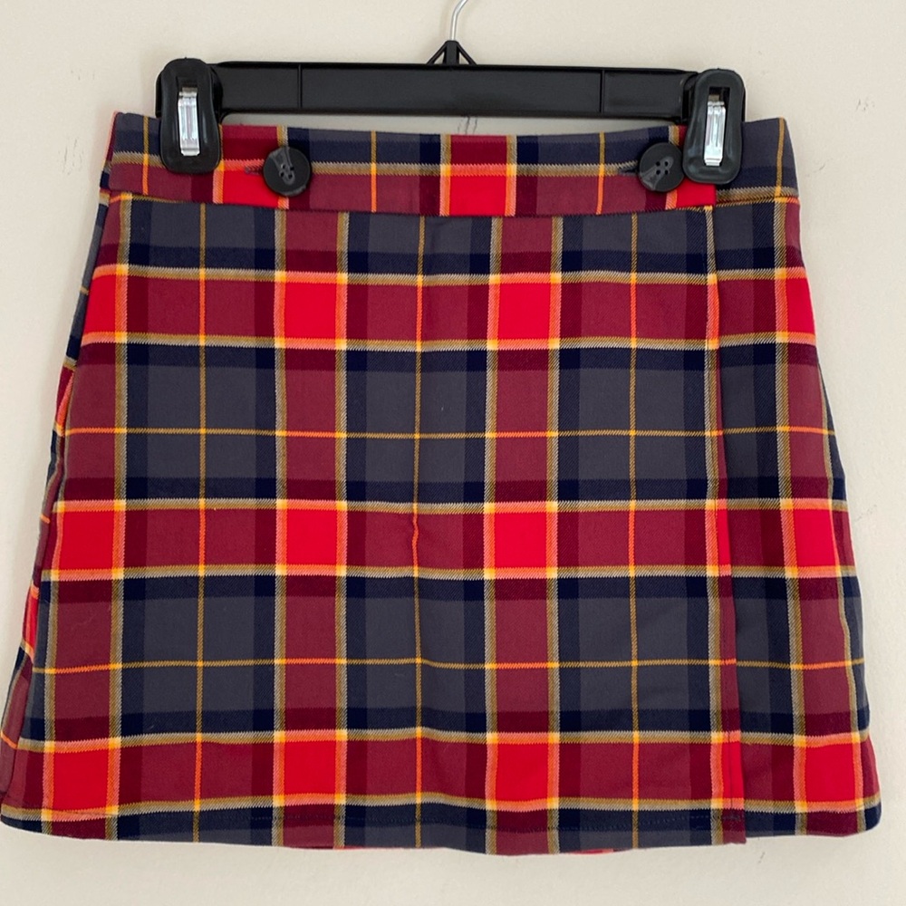 Forever 21 plaid tartan red navy gray yellow button wrap skirt Sz S EUC